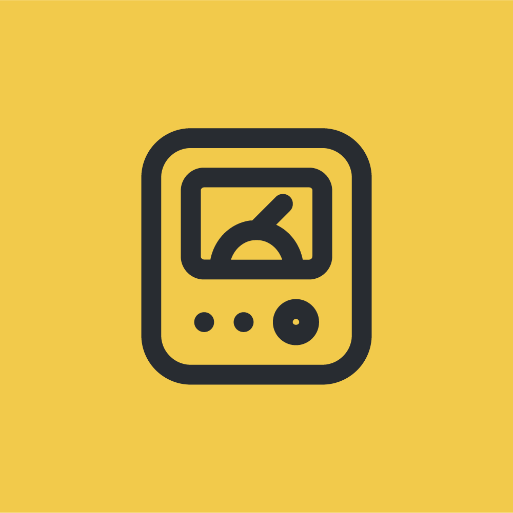 Icono de multímetro digital amarillo y negro representando medición eléctrica